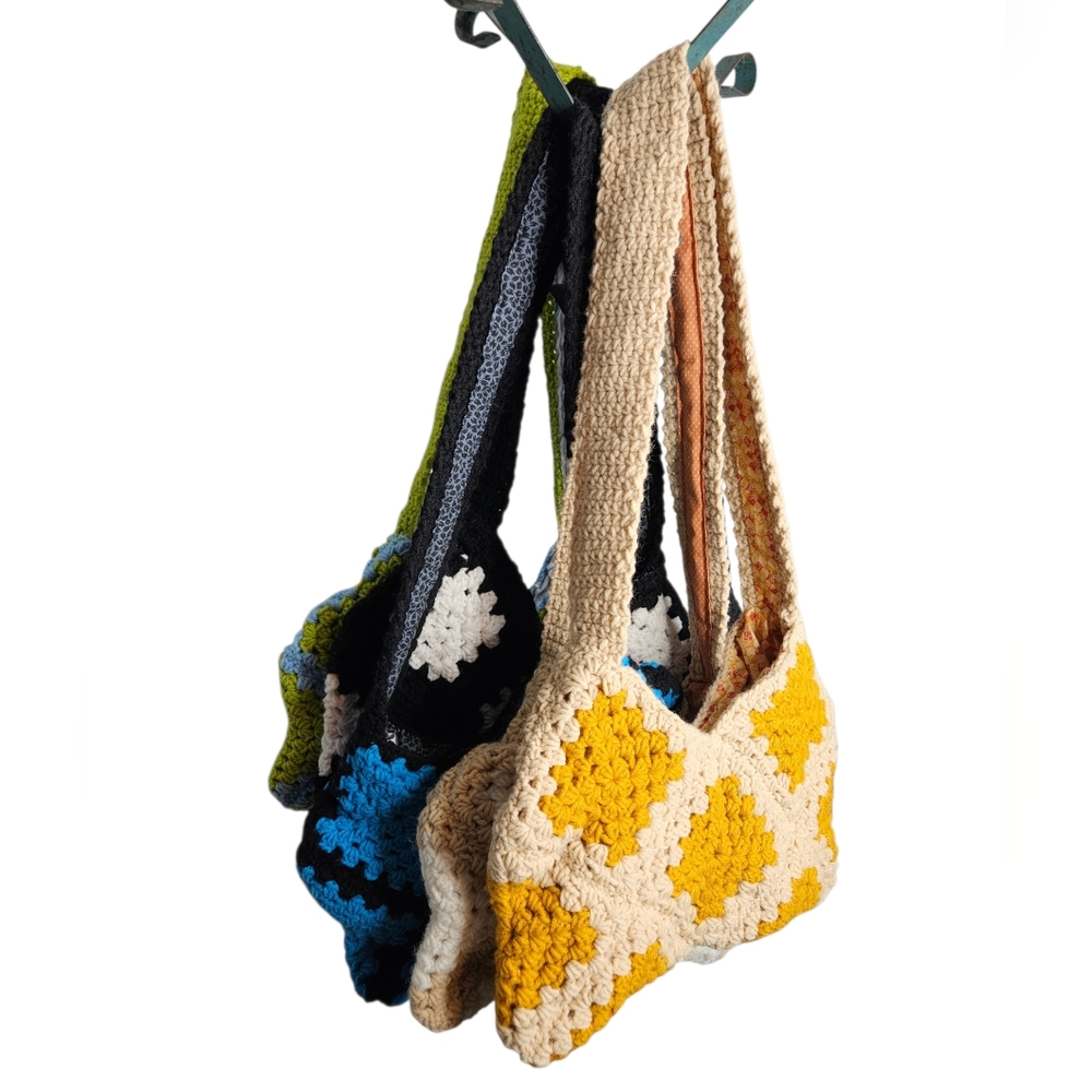 Handmade Crochet Granny Square Shoulder Bag Lined - Cream and Mustard Yellow. - Picture 2 of 4